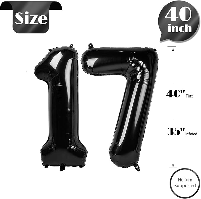 17 Balloon Number, Black Number 17th Birthday Balloons 40 Inch, Sweet 17 Years Old Black Birthday Decorations for Boys Girls, 17th Anniversary Decorations
