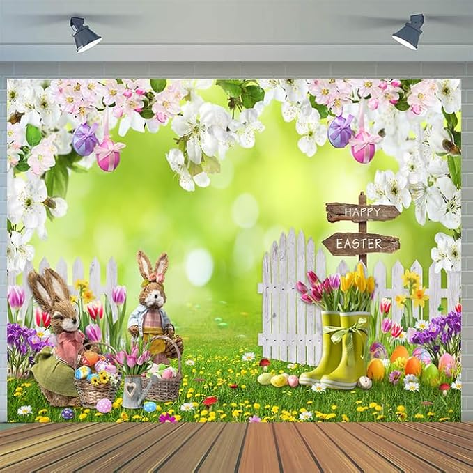 CYLYH 8x6FT Easter Backdrop Spring Flowers Grass Backdrop Colored Egg Rabbit Backdrop for Easter Party Decoration Baby Shower