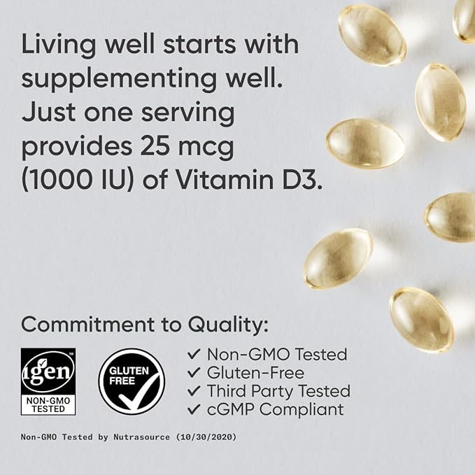 Sports Research® Vitamin D3 1000 IU with Coconut MCT Oil - High Potency Vitamin D Supplement for Immune & Bone Support - Gluten Free · Non-GMO · Soy Free - 360 Count Softgels