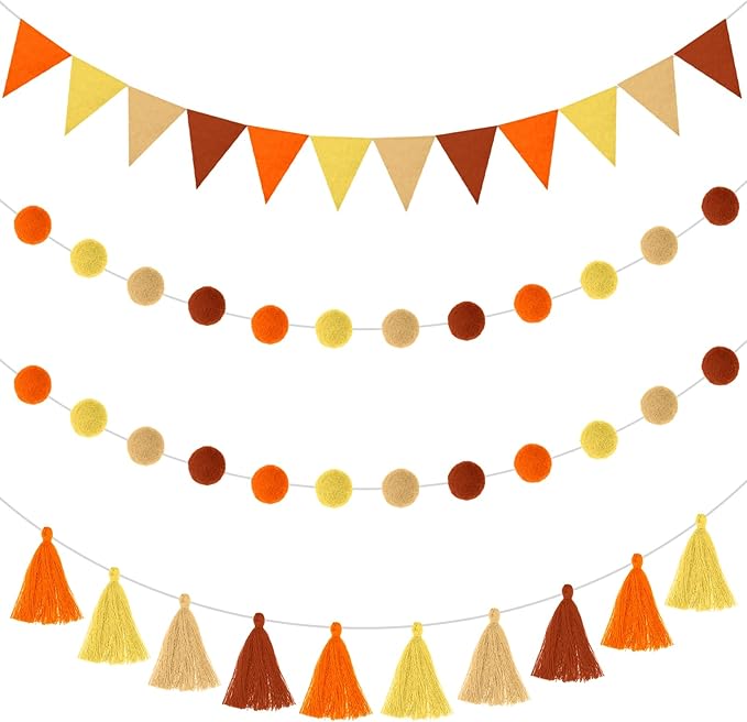 Irenare 9.8ft Pom Pom Garland Felt Rainbow Garland Graduation Party Decoration Colorful Pennant Tassel Banner Birthday Baby Shower Triangle Banner for Classroom School Mantel Fireplace(Autumn Colors)