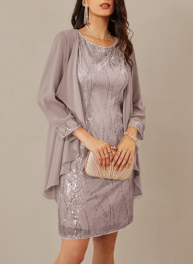 GRACE KARIN Women's Sequin Dress - Wedding Guest & Mother of The Bride Formal Dress - Two Piece Knee Length
