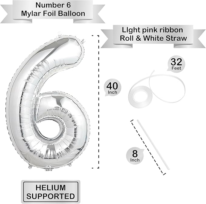 40 Inch Silver Number Balloons, Helium Mylar Foil Number Balloons for Birthdays, Number 6 Balloon for Party Wedding Bachelorette Birthday Bridal Shower Anniversary Celebration Party Decorations
