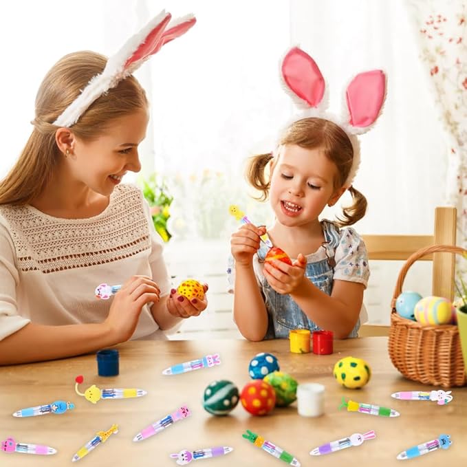 24PCS Easter Fun Pens 0.7mm Cute Bunny Egg Multicolor Ballpoint Pens Retractable 4 Colors in 1 for Easter Party Favors Basket Stuffers School Supplies Students Rewards