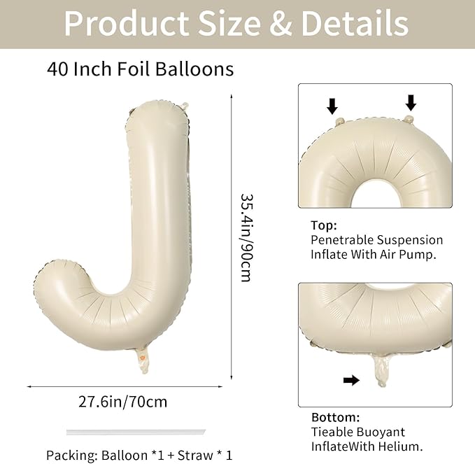 Biapian 40 Inch Letter J Balloons, Giant Cream J Foil Balloon, Big Single Alphabet A-Z Balloons, Beige Large Aluminum J Balloons Helium for Birthday, Baby Shower, Wedding, Anniversary Party Decoration