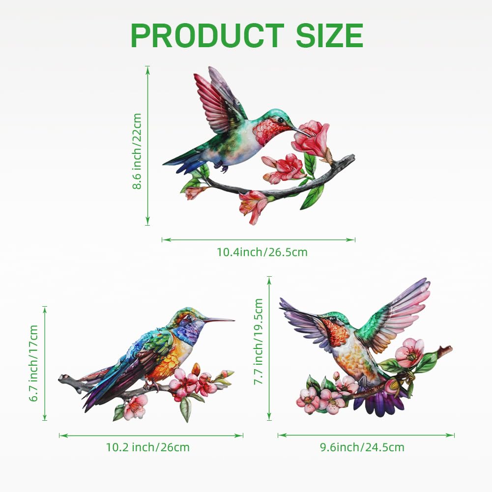 dreamskip 3 Pack Metal Hummingbird Wall Art Decor, 3D Colorful Birds Outdoor Wall Art Yard Patio Fence Decoration, Hand Painted Wall Sculpture Hanging Outdoor Decor for Garden Outside Livingroom