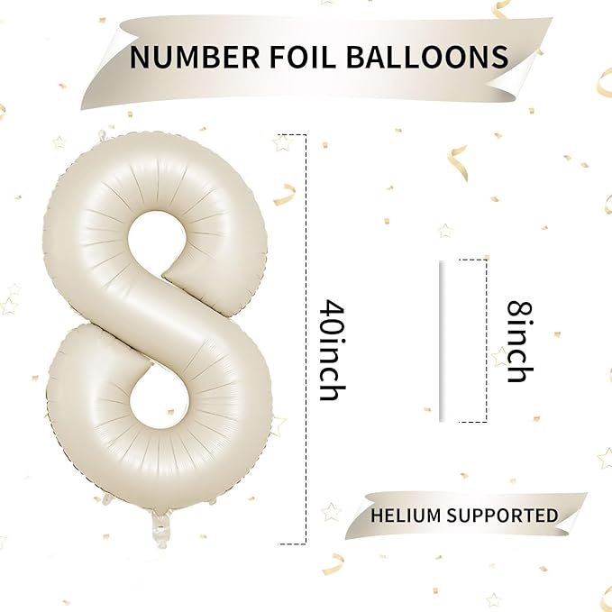 40 Inch Cream Number 8 Balloon, Beige Large 8th Birthday Balloons, Digital 8 Cream White Giant 8 Foil Balloon Helium for Boys Girls 8th Birthday Decorations Anniversary Baby Shower Party Decorations