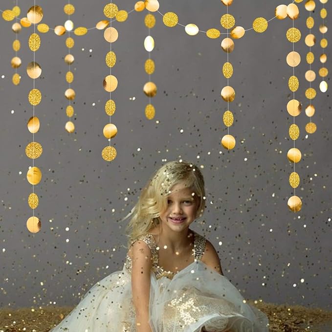 Decor365 Glitter Gold Party Decorations Glitter Golden Birthday Decoration Circle Dot Garlands Baby Bridal Shower Christmas New Year's Eve Anniversary Graduation Gold Streamer Decor
