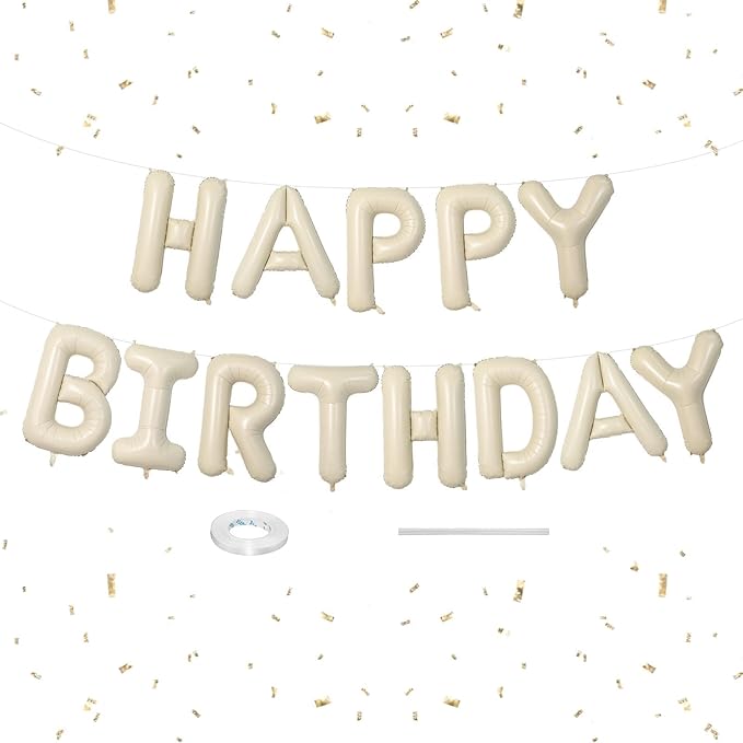 Happy Birthday Balloons Banner Beige,16 Inch Cream White Foil Letters Birthday Sign Banner Bunting for Boys Girls Men Women Birthday Party Supplies Decorations