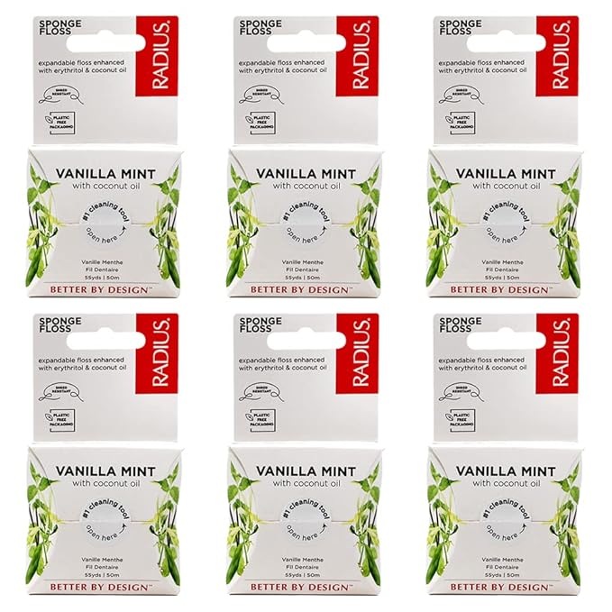RADIUS Vanilla Mint Dental Floss 55 Yards Vegan & Non-Toxic Oral Care Boost & Designed to Help Fight Plaque Clear - Pack of 6