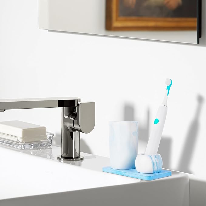 Ceramic Toothbrush Holder & Toothbrush Cup with Diatomite Tray for Bathroom, Bathroom Tumbler Cups Reusable Toothbrush Mouthwash Cup, Shower Counter Storage Organizer (Blue)