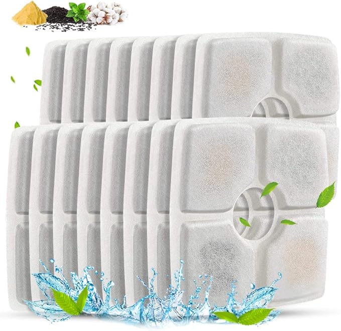 Comsmart Pet Fountain Filter Set, 3 Triple Filtration System Replacement Cat Water Fountain Filters for Square 84oz/2.5L Automatic Pet Fountain Cat Water Fountain (Pack of 16)