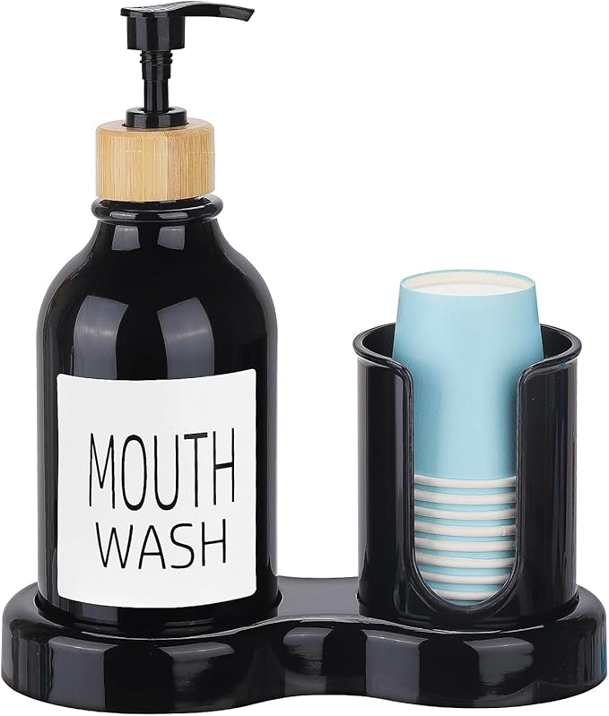 Mouthwash Dispenser for Bathroom, 16oz Plastic Mouthwash Dispenser with Cup Holder and Tray Mouth Wash Bottle Container - Black