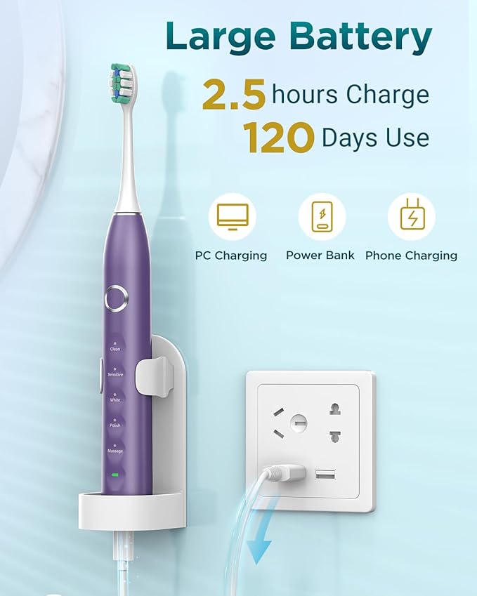 Rtauys S5 Sonic Electric Toothbrush for Adults with 8 Brush Heads, IPX7 Travel Electric Toothbrush with Travel Case, 2.5 Hours Charge for 120 Days, 5 Modes with 2 Minutes Built in Smart Timer Purple