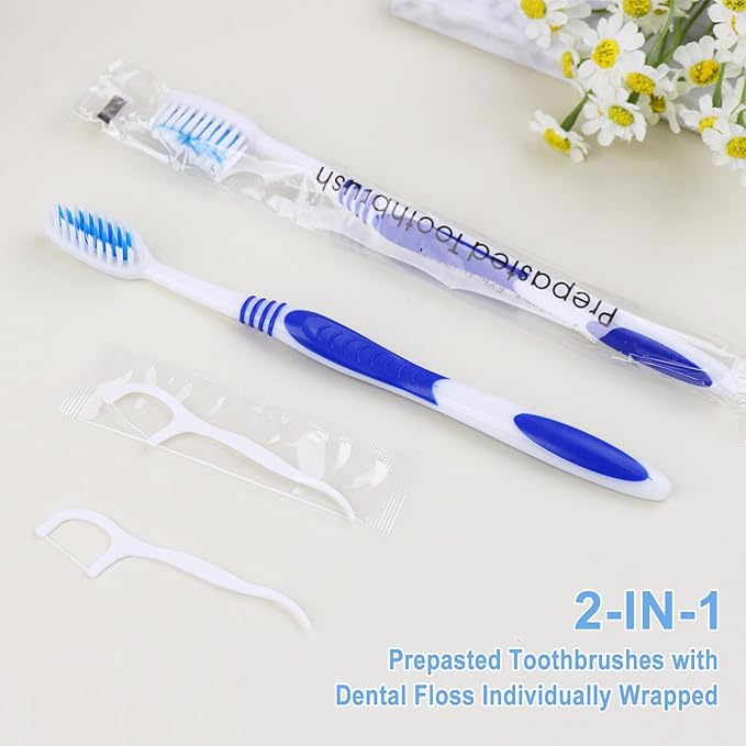 100 Prepasted Disposable Toothbrushes with Dental Floss Individually Wrapped Pre Pasted Toothbrushes Soft Bristle Travel Tooth Brush Single Use Wrapped for Hotel, Camping, Travel, Homeless