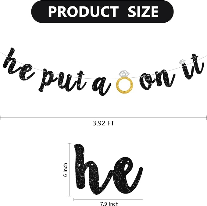Glitter Black He Put A Ring On It Banner Pre-Strung Engagement Decorations Bridal Wedding Party Backdrop Sign Garland Bachelorette Party Decor,NO DIY