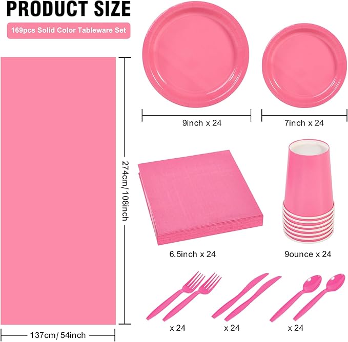 Ottin 169PCS Hot Pink Party Supplies for 24 Guests – Disposable Paper Plates, Napkins, Cups, Forks, Knives, Spoons & Tablecloth for Birthday, Wedding, Halloween, Thanksgiving, Christmas, and New Year