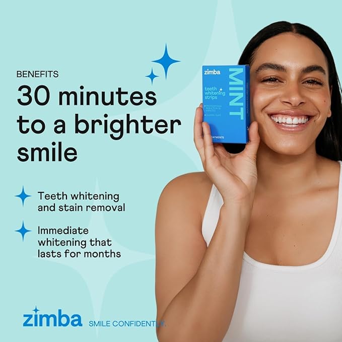 Zimba Mint Teeth Whitening Strips – 28 Vegan, Enamel-Safe Strips with Hydrogen Peroxide, 14-Day Treatment – Tooth Whitener for Coffee, Wine, Tobacco, Other Stains