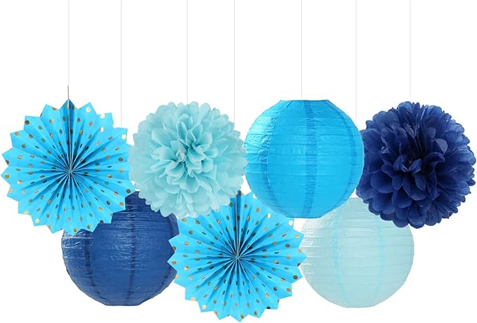 Light-Royal Navy-Blue White Party-Decorations Streamers - 14pc Boy Birthday Baby Shower Paper Lanterns Fan,Tissue Pom Poms,Honeycomb Balls,Bachelorette Bridal Wedding Engagement Decor Lasting Surprise