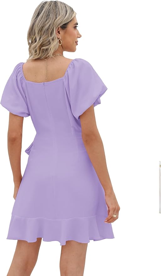 Sampeel Womens Summer Dresses Square Neck Puff Sleeve Tie Waist Short Dress