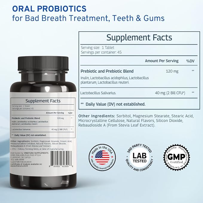VINATURA Lactobacillus Salivarius Oral Probiotics - Mouth Bad Breath Treatment for Adults, Dental probiotics for Teeth and Gums, Throat, Ear, Nose - 45 Chewable Mint Tablets