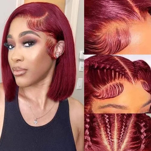12 Inch 99j Burgundy Lace Front Wigs Human Hair Short Bob Wig Human Hair 13x4 Lace Front Wigs Human Hair Pre Plucked 200 Density Short Straight Bob Wig Natural Hairline Wine Red Wigs for Black Women