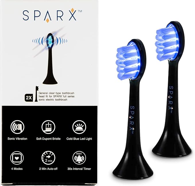 SPARX - Toothbrush Replacement Heads, Brush Heads with Blue Light Therapy for Gum Care, Replacement Brush Heads, Black, 2 Pack