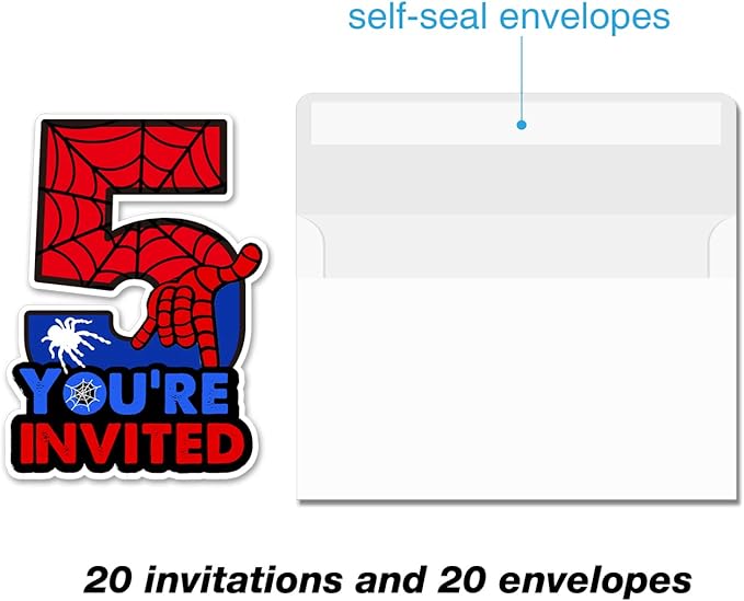 Bifez Cute Superhero 5th Birthday Party Invitations Glitter Super Hero 5 Year Old Boy Birthday Shaped Invites Fill-in Invitations With Envelopes, Set of 20