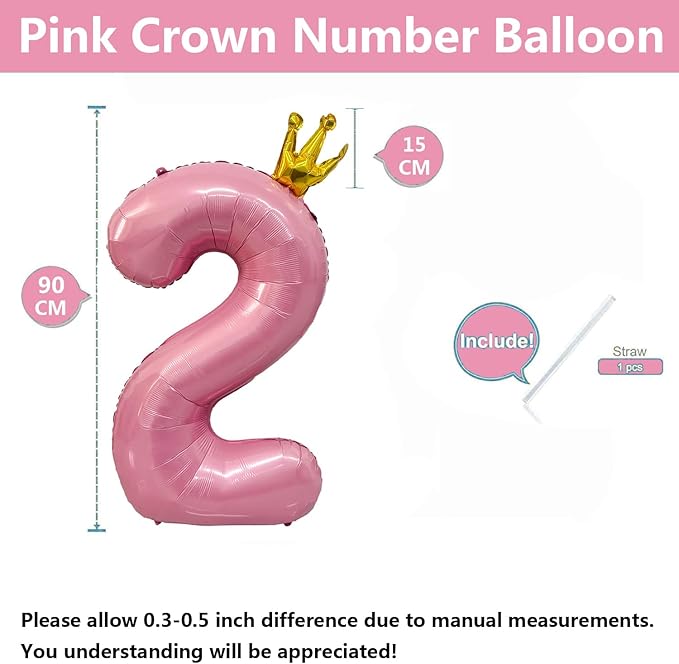 40 inch Pink Number 2 Balloon with Crown, Pink Crown Balloons 0-9 for 2nd Birthday Party Anniversary Decorations Supplies