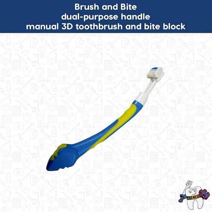 Triple Bristle Brush and Bite Handle Replacement Brush Head Combo | Special Needs & Autism Mouth Prop Toothbrush | Ergonomic Handle w/Bite Block | Patented 3 Head Design | Kids & Adults