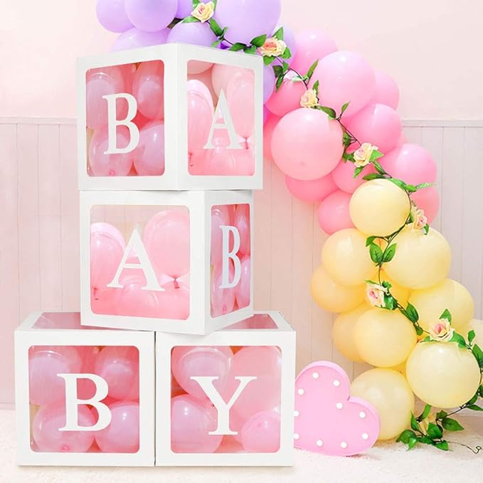 Baby Shower Boxes with Letters – White Boxes with Pink & White Balloons – 44-Piece Gender Reveal & Party Decoration Set by Vellax-Piece Gender Reveal & Party Decoration Set by Vellax