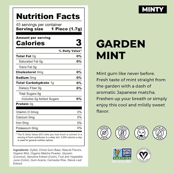 Refresh Gum Garden Mint, Xylitol – Sugar Free Chewing Gum Pouch, Natural Flavor & Organic Ingredients – Aspartame Free, Plant-Based, Non-GMO – 45 Pieces