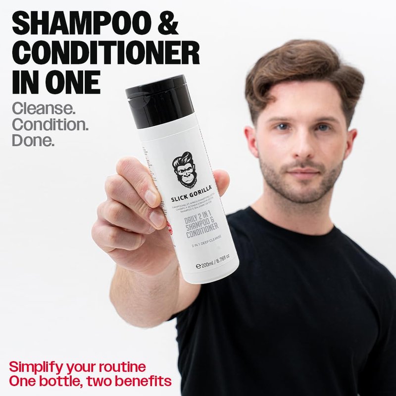 Slick Gorilla 2 in 1 Shampoo and Conditioner for Men 200ml / 6.76 fl oz | Cleans, Strengthens, Hydrates | Infused with Natural Ingredients | Healthy Fresh Hair | All-in-One Daily Grooming Solution