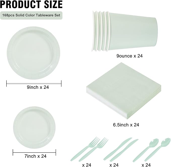 Ottin 169PCS Sage Green Party Supplies for 24 Guests – Disposable Paper Plates, Napkins, Cups, Forks, Knives, Spoons & Tablecloth for Birthday, Wedding, Halloween, Thanksgiving, Christmas, New Year