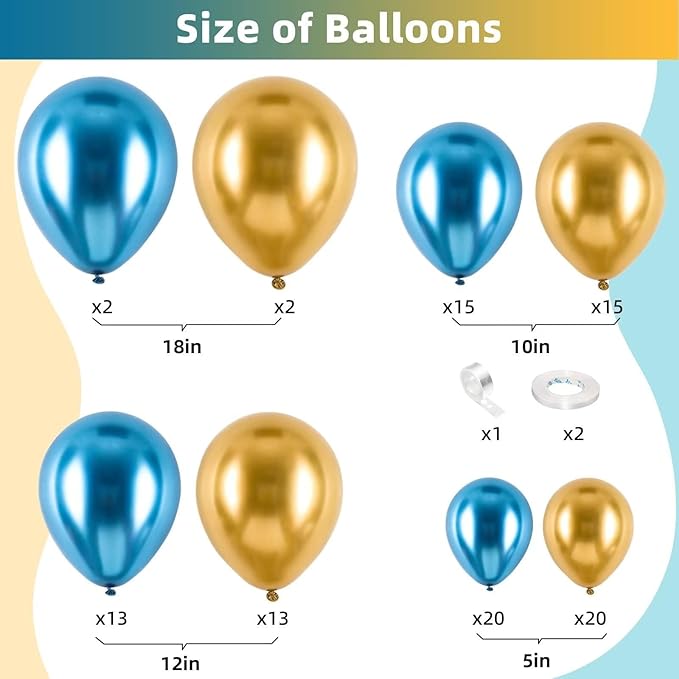 Metallic Blue and Gold Balloon Arch Kit, 100 Pcs Gold and Blue Balloon Garland Kit, Metallic Balloons Different Sizes 18/12/10/5 inch for Graduation Birthday Party Decorations