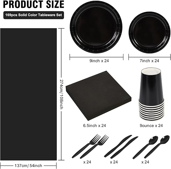 Ottin 169PCS Black Christmas Party Supplies for 24 Guests – Disposable Paper Plates, Napkins, Cups, Forks, Knives, Spoons & Tablecloth for Birthday, Wedding, Thanksgiving, Christmas, New Year
