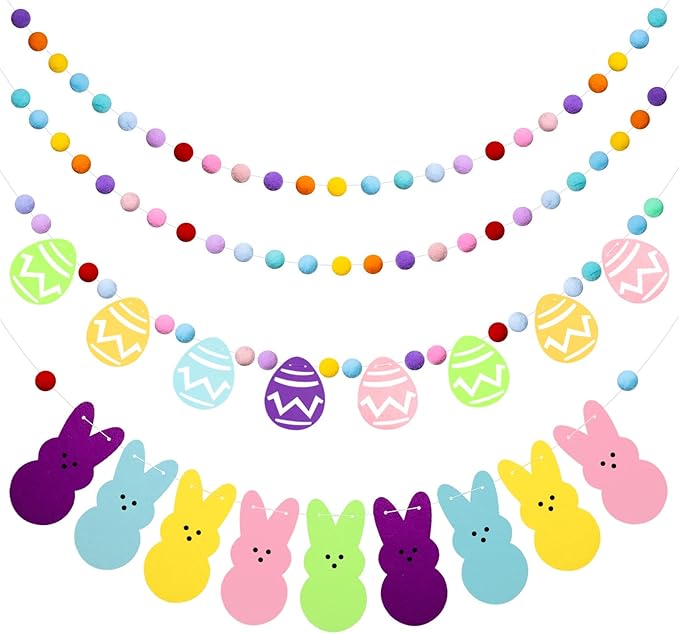 4 Pack Easter Bunny Eggs Pom Pom Garlands Decoration, Colorful Felt Rabbit Hanging Banner Decor Garland Ornaments for Easter Day Home Decor Outdoor Party Hanging Supplies