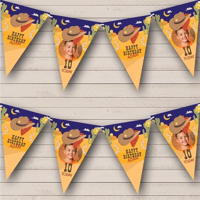 Cowboy Western Theme Boy's Photo Personalized Birthday Party Bunting - Hanging Party Decoration - Birthday Party Banner Garland | Decorative Party Supplies