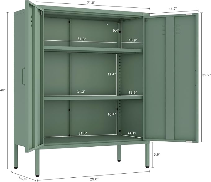 Manhattan Comfort Naomi Modern Metal Accent Cabinet, Minimalist Storage Cabinet with Doors & Adjustable Shelves, Vented Doors, Sturdy Steel Build, Versatile & Multi-Purpose Home Furniture, Green