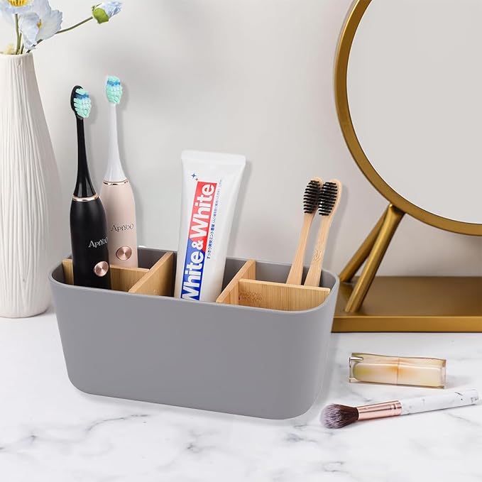 Toothbrush Holders for Bathrooms, Bamboo Tooth Brush Holder with 5 Slots Bathroom Vanity Organizer Countertop for Electric Toothbrushes, Toothpaste, Razors - Gray