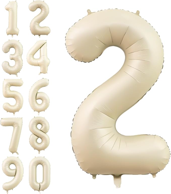 Number 2 Balloon Beige,40 Inch Large Cream Foil 2 Helium Balloons for Boys Girls Birthday Anniversary Decorations