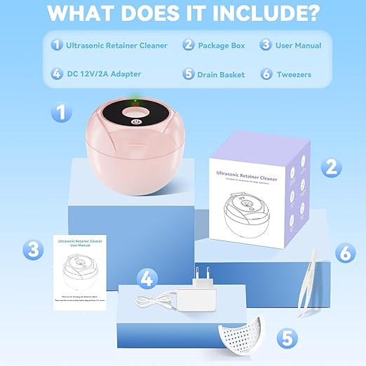 Ultrasonic Retainer Cleaner Machine 45khz Cleaning Pod for Denture Cleaner 200ml Mouth Guard, Aligner, Night Guard, Toothbrush, Jewelry, 4 Cleaning Modes Digital Timer, Gifts for Women, Pink