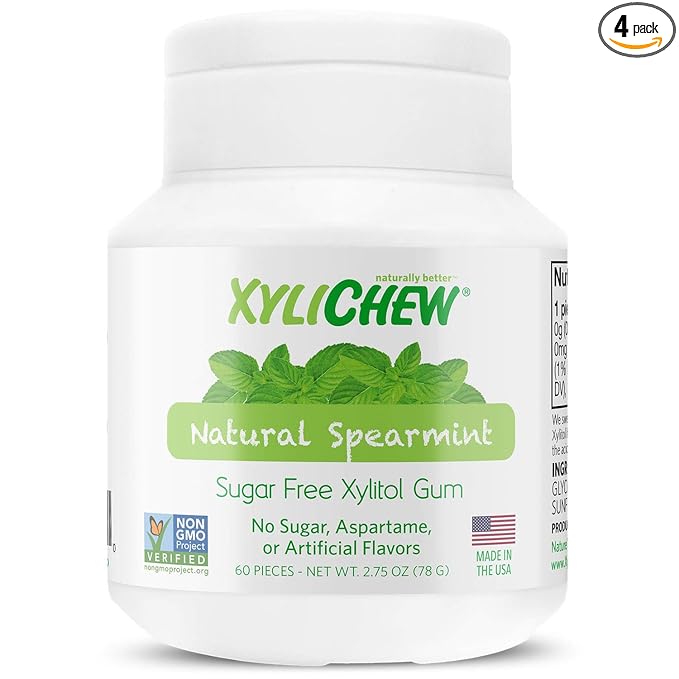 Xylichew 100% Xylitol Chewing Gum Jars - Non GMO, Gluten, Aspartame, and Sugar Free Gum - Natural Oral Care, Relieves Bad Breath and Dry Mouth - Spearmint, 60 Count (Pack of 4)