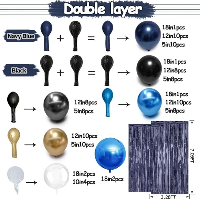 Navy Blue Black Balloon Arch Double Stuffed Dark Royal Blue Black Gold Balloon Garland Kit Banner Fringe Curtain Foil Balloons for Birthday Graduation Wedding Anniversary Space Baby Shower Decor