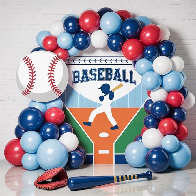 FunHot Baseball Balloon Arch Garland Kit, Navy Blue and Red Balloon Garland with White Balloons Baseball Foil Balloons Birthday Party for Men Boys Sports Baseball Graduation Party Decorations
