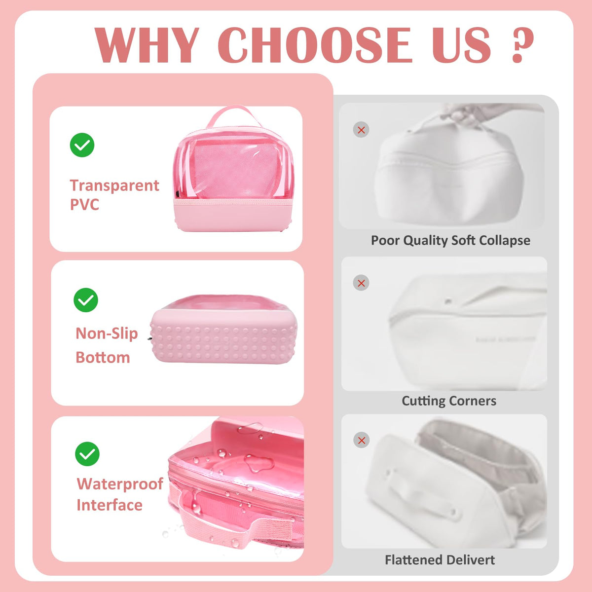 Chokoter Clear Small Makeup Bag, Makeup Pouch Toiletry Bags for Traveling Women, Cosmetic Bag with Waterproof Anti-slip EVA Bottom (Pink)