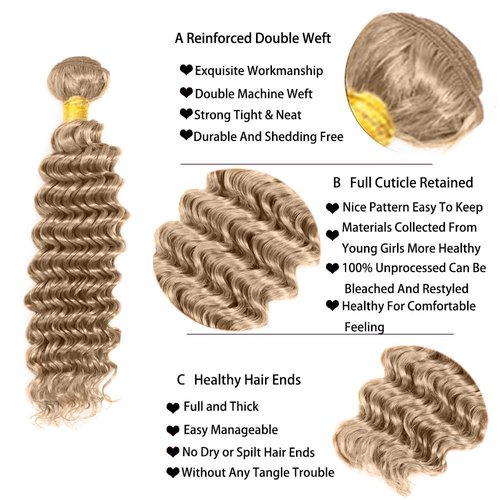 #22 Blonde Bundles Human Hair Deep Wave Bundles 30 32 34 Inch Unprocessed Brazilian Virgin Hair Ash Blonde Deep Wave 3 Bundle Human Hair Extensions 50 Gram Per Bundle
