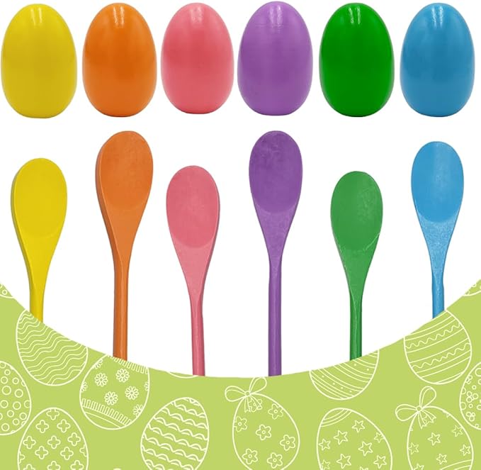 24 Wooden Easter Eggs and 24 Wooden Spoon Race Game Set, 24 Sets, Multi-Player Carnival Game for Kids & Family Activity Holiday Outdoor Yard Easter Egg Hunt Birthday Party Lawn Games