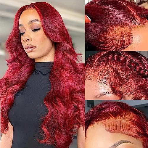 99J Burgundy Wine Red Color Body Wave 13x4 HD Lace Front Glueless Wigs Human Hair Pre Plucked Bleached Knots with Baby Hair Wigs Brazilian Human Hair Natural Hairline Wigs for Women(20Inch)