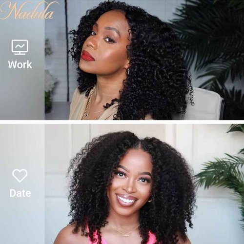 Nadula V Part Wig Kinky Curly Human Hair No Leave Out Glueless Upgraded U Part Wigs for Women,10A Malaysian Afro Curly V-part Wigs V Shape Clip in Half Wig Beginner Friendly 150% Density 14inch