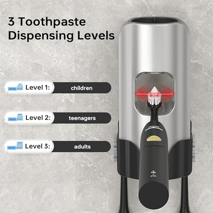 Automatic Toothpaste Dispenser Wall Mounted - Smart Touchless Toothpaste Squeezer with 3 Adjustable Levels, 2 Toothbrush Holders- for Kids and Adults, Bathroom Essentials